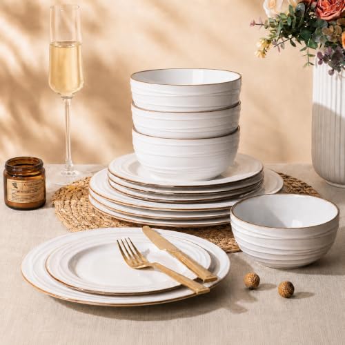 Image of GBHOME Ceramic Dinnerware Sets,12 pcs Embossed Elegant Stoneware Plates and Bowls Sets, Housewarming Wedding Gift | Dishwasher & Microwave Safe | Dishes Set Service for 4