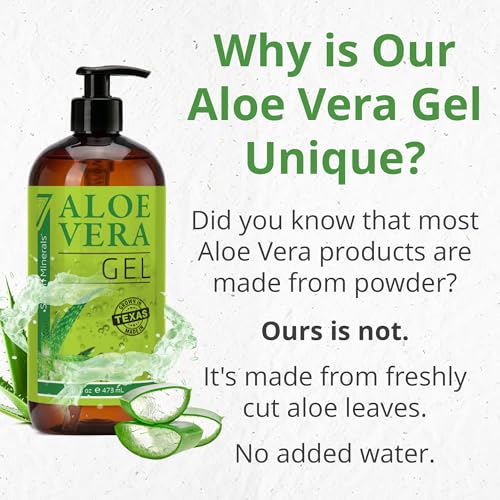 Image of Seven Minerals Aloe Vera Gel with Freshly Cut Pure Organic Aloe - Big 16oz with Treatment Pump - Texas grown, Vegan, Unscented - For Face, Skin, Hair - Summer Beach Vacation Essentials