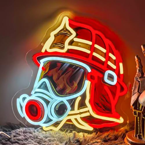 Image of Fire fighter Helmet LED Neon Sign USB Powered for Wall Decor,True Hero Firefighting Neon Night Light Sign Dimmable for Man Cave Room Party Decor, Firefighter Gifts for Men