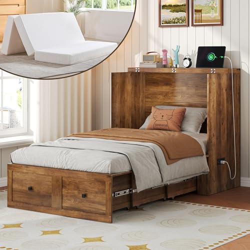 Image of LUXOAK Twin Murphy Bed with 6 inch White Tri-Fold Memory Foam Mattress, Storage Drawer & Charging Station, Space-Saving Design for Home Office or Guest Room, Barnwood