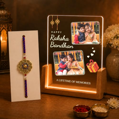 Image of Giftplease Personalized Raksha Bandhan LED Acrylic Photo Frame with Rakhi, Roli Chawal & Greeting Card, USB Wooden Base Night Lamp, Brother Sister Memory Decor, Festive Home Display Keepsake