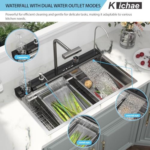 Image of Kichae 30x19 Kitchen Sink Drop In Waterfall Kitchen Sink Smart Workstation