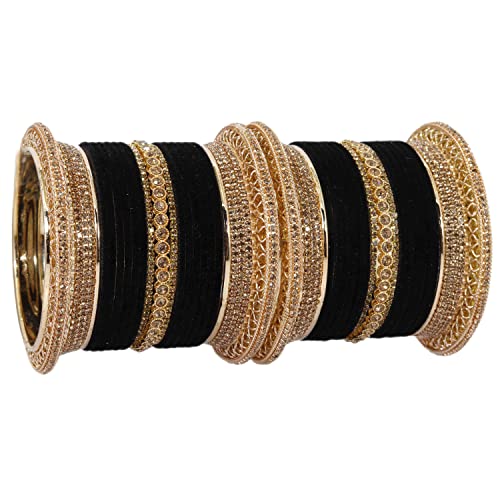 Image of NMII Non-Precious Metal with Base Metal and Studded with Zircon Gemstone Glossy Finished Traditional Velvet Bangle Chuda set for Women and Girls