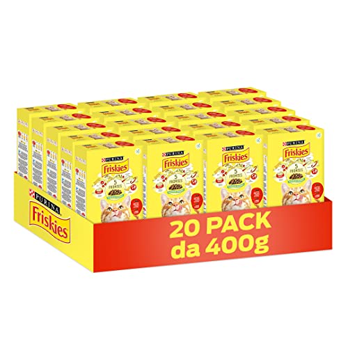 PURINA FRISKIES 5 Promesse Crocchette per Gatti Adulti con Manzo e Pollo 20 Confezioni da 400g