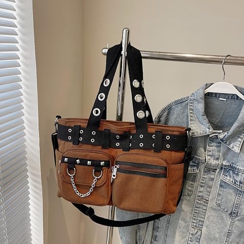 Image of Tote Bag for Women, Corduroy Gothic Purse Goth Bag with Zipper for College, Work, Travel, Gym