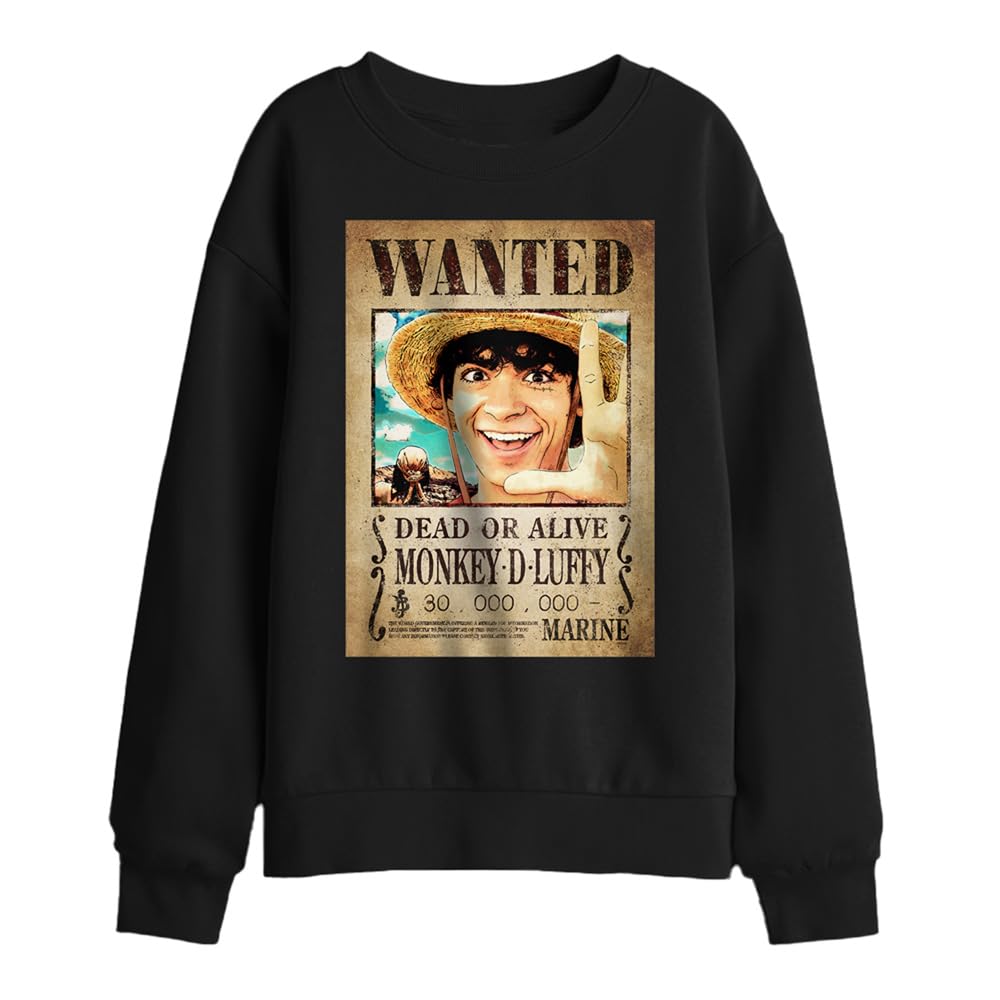 One Piece Luffy Pirate Wanted Poster Kids Sweatshirt, Black, 5-6Y