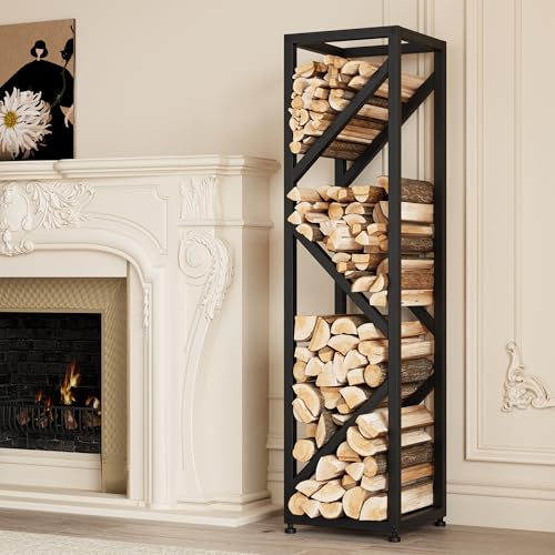 HongTaok Firewood Rack Indoor 47 Inch Tall, 4-Tier Heavy-Duty Firewood Holder for Fireplace with Minimalist Style, Decorative Log Rack, Flexible Storage, Space-Saving, Easy Assembly, Black