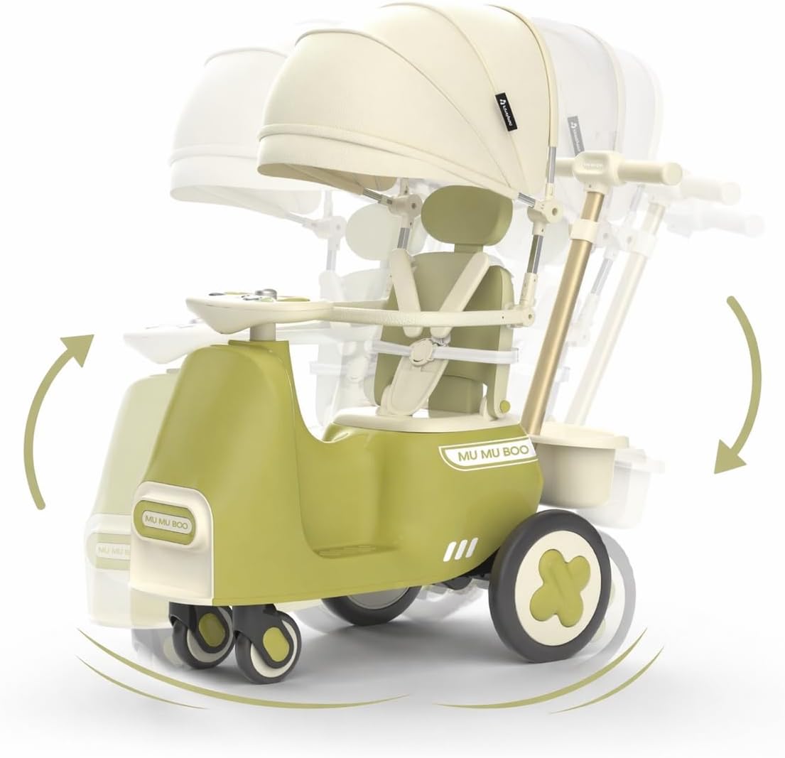3-in-1 Push Ride-On Car Stroller with Automatic Rocking | Innovative Baby & Toddler Solution - No Batteries, No Charging, Just Push & Rock (Olive)