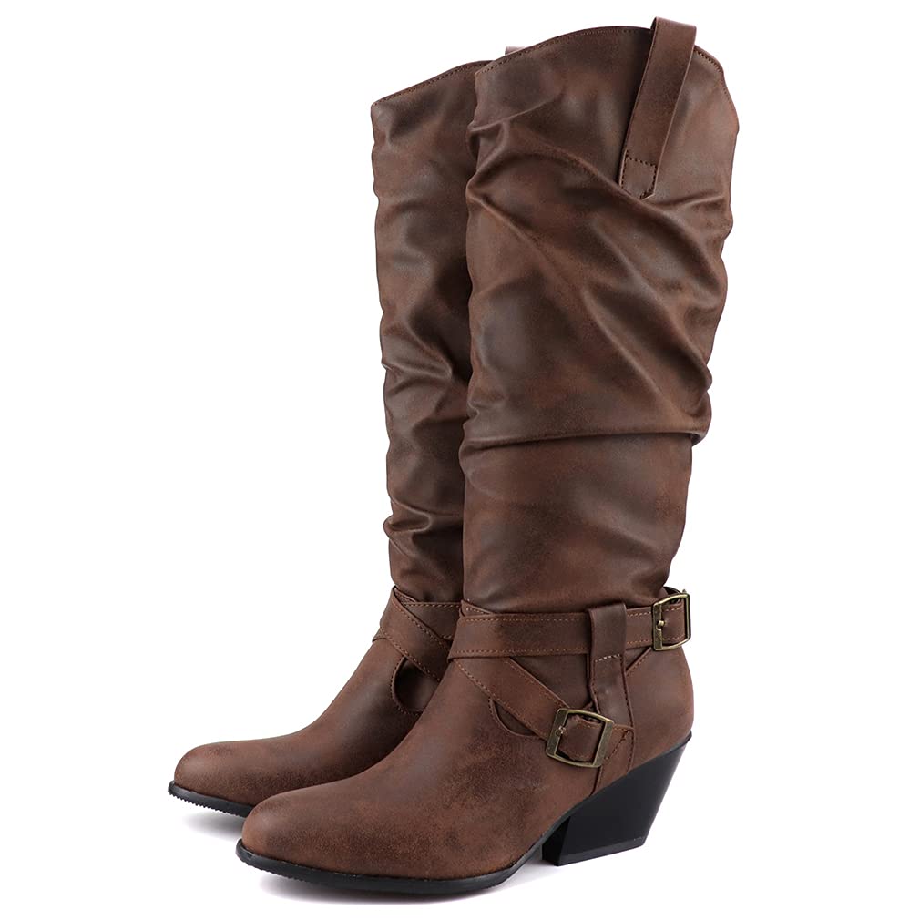 SO SIMPOK Women Buckle Strap Chunky Western Cowboy Cowgirl Boots Pull On Riding Boots Block Heel Mid Calf Boots
