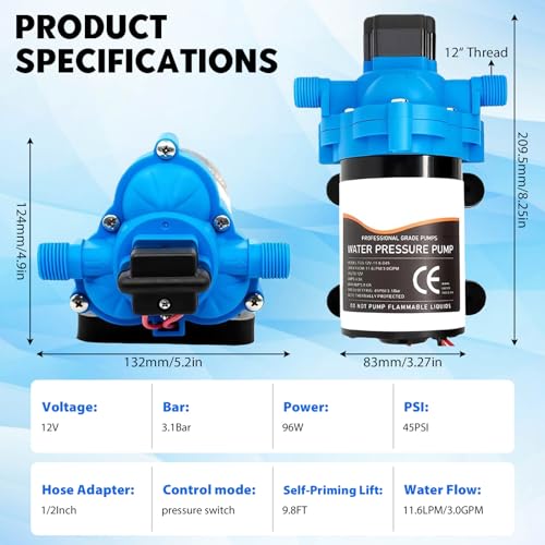 12V Membranpumpe Selbstansaugend 45PSI/3.1Bar 11,6 L/min 96W Elektrisch Druckpumpe mit Auto-Druckschalter Wasserpumpe für Wohnwagen Boot Camper Yacht Garten