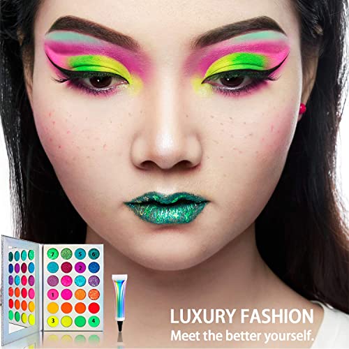 Afflano Neon Glow in Dark Eyeshadow Palette, UV Blacklight Neon Glitter Eyeshadow Pallet + Primer, Colorful Red Orange Yellow Purple Green Glitter Eyeshadow, Make-up Palettes for Neon Party - Image 3