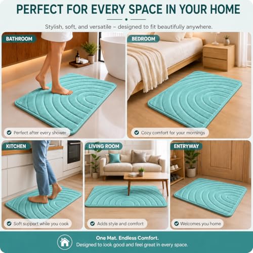 Image of Premium Memory Foam Bath Mat | 40x60cm Super Absorbent Velvet Bathroom Rug | Non-Slip Machine Washable Floor Mat (Aqua Mist)