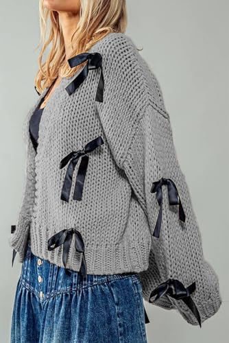 Image of Valentine's Day Cardigan Sweaters for Women Love Heart Print Button Down Cropped Cardigans Y2K Open Front Knit Sweater