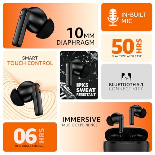 Image of Amazon Basics True Wireless in-Ear Earbuds with Mic, 10MM Dual Drivers, Touch Control, IPX5 Sweat & Water Resistant, Bluetooth 5.1, Up to 50 Hours Play Time, Type-C Fast Charging (Black)