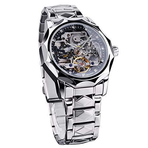 Forsining Montre automatique pour homme avec squelette tourbillon, montre tendance et étanche, cadran diamant de luxe, Argenté Cover