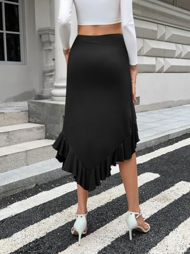 Yousify Womens Ruffle Midi Skirts Casual High Waisted Flowy Swing Boho Handkerchief Hemline Stretchy Asymmetrical Skirt3