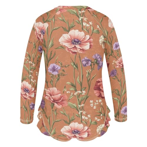 Flowers Carnation Phlox Thyme Terracotta Long Sleeve Girls Swimsuit Sun Protection Swimming Suits Girls Bathing Suit 11-12 Year3