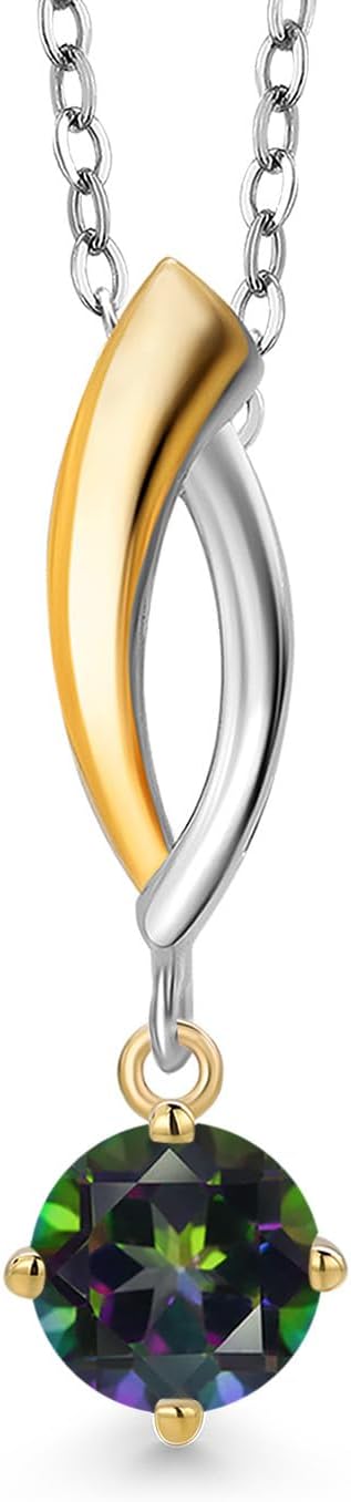 Gem Stone King 925 Silver and 10K Yellow Gold Green Mystic Topaz Pendant Necklace for Women | 0.55 Cttw | Gemstone November Birthstone | Round 5MM | With 18 Inch Silver Chain