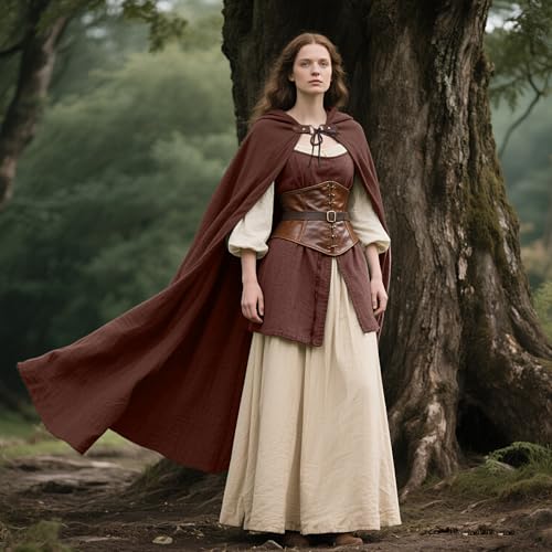 keland Mittelalter Umhang Leinen Kapuzenumhang Renaissance für Damen Herren Halloween (Braun)