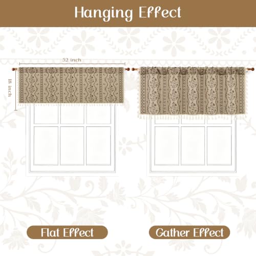 Image of Yinhua Boho Valance Curtains Vintage Linen Kitchen Valances for Windows Light Filtering Bohemian Floral Valance Rod Pocket Tassel Window Valances for Bathroom Cafe, 52 inch W X 18 inch L, Beige Brown