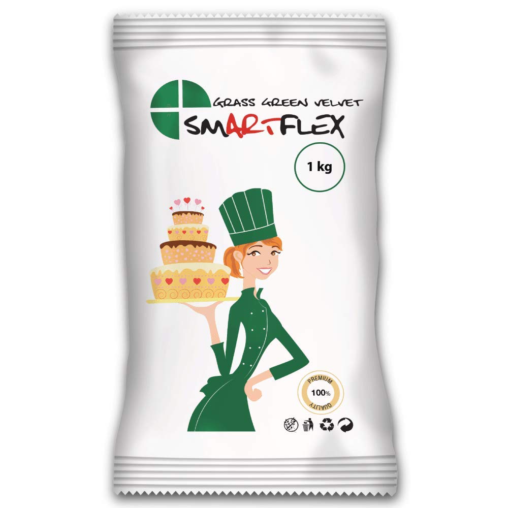 SmartFlexFondant Grass Green Velvet 1kg: Sugarpaste with Delicious Vanilla Flavour, Does not Tear, Crack or Stick, Suited for Vegetarians and Vegans - 1kg
