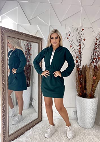 Vestido Feminino Manga Longa Bolso Lateral Capuz Ziper Festa. (TU, Verde-militar)