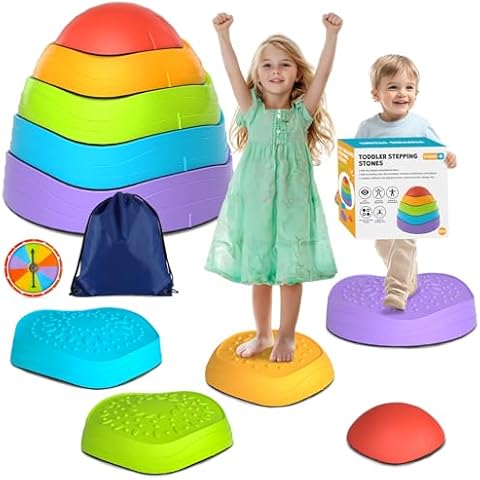 OZMI Balance Stepping Stones for Kids, 5 Pcs Non-Slip Plastic Stepping Stones Kit with Storage Bag and Color Spinner for Toddler, Gift for 3 4 5 6 7 8 9 Years Old, Sensory Play Toys for Indoor Outdoor Cover