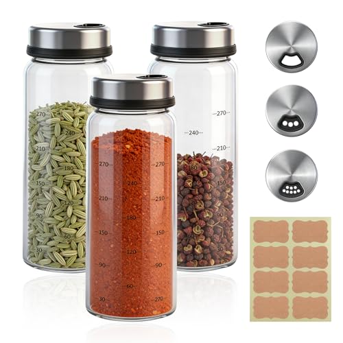 AKINSTER 3 Stück Gewürzgläser 300ml Gewürzstreuer mit Drehdeckel Salzstreuer Gross Luftdicht Gewürzstreuer Glas Groß Spice Jars mit 3 Arten von Gewürzlöchern für Küche BBQ Grillen Kochen