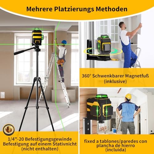 Bild 4 - Kreuzlinienlaser,Laser Wasserwaage 3x360 Grad, Linienlaser Grün Kreuzlaser Selbstnivellierend Nivelliergerät Baulaser 3D,bis zu 8 Stunden mit wiederaufladbarer Batterie für Innenbereich Baustelle