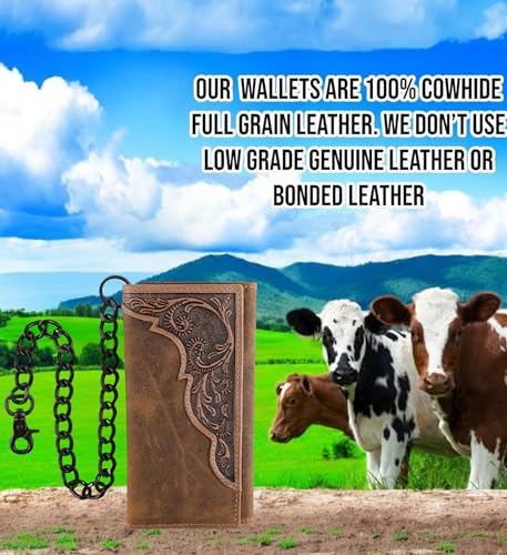 Image of F&L CLASSIC RFID Blocking Mens Tri-fold Long Style Cowhide Leather Steel Chain Wallet,brown western,212-83