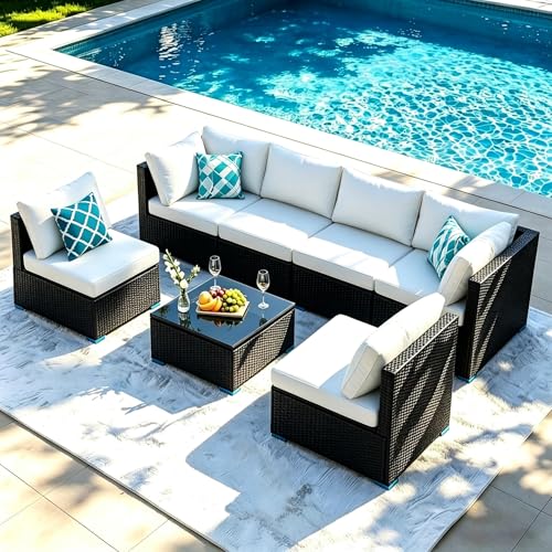 Image of 7 Piece Outdoor Sectional Outdoor Patio Furniture Set, Outdoor Patio Furniture Set with Coffee Table, Sectional Couch Sofa with Cushions, Wicker Outdoor Conversation Set for Backyard & Garden, Beige