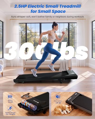 Image of DeerRun Under Desk Walking Pad Treadmill for Home Office & Small Spaces, 6% Manual Incline, 0.6-3.8 MPH Walking Speed, 2.5 HP, 300 lb Capacity, App & Remote Control