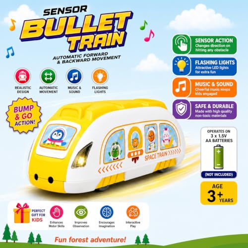 Image of Sensor Bullet Train Toy for Kids | Automatic Forward & Reverse Movement | Musical Train with Lights | Battery Operated Toy Train for Boys & Girls Age 3+ Years (Yellow)