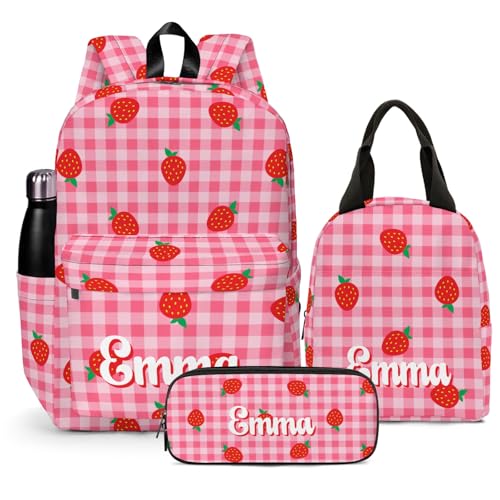 Personalized Strawberry Backpack for School, Cute Fruit Pattern Printed Kids School Bag Pink Bookbag Backpack Set with Lunch Bag Pencil Case