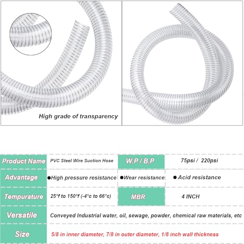 Image of PVC Reinforced Hose 5 /8 inchID x 10ft Suction Hose Clear Steel Wire Tubing | Heavy-duty Spiral Steel Flexible Hose,Drain Fuel Oil Gas Water for Marine Bilge Pump Pond Spa