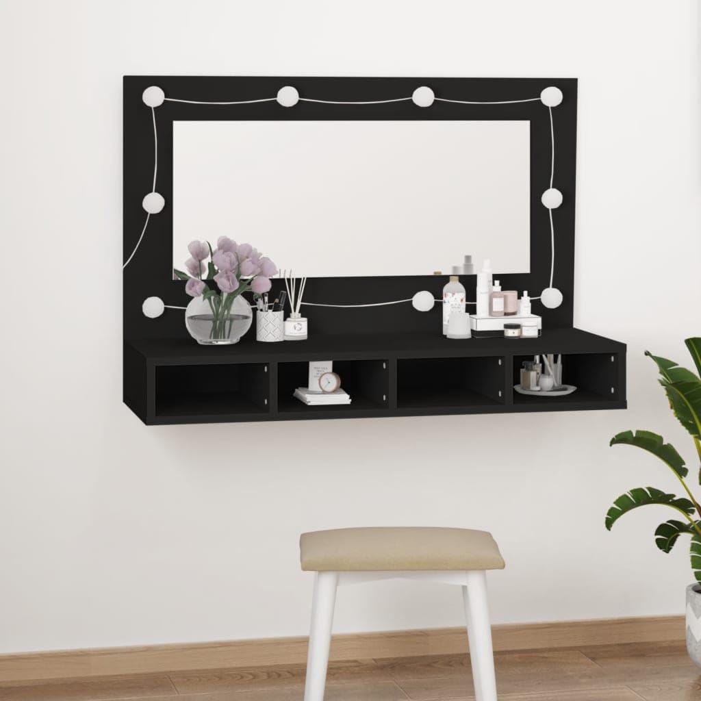 Mueble con Espejo y LED Armario de baño con Espejo Armario Espejo baño con luz Espejo Armario baño Negro 90x31,5x62 cm