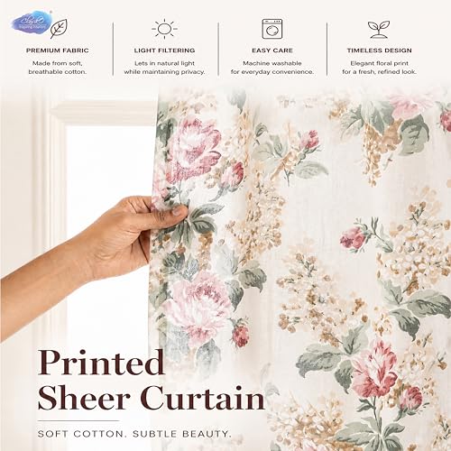 Image of Clasiko Block Print Sheer Door Curtains; 40% Light Filtering Linen Textured Curtains with Eyelets & Tieback; Set of 2; 54x84 Inches / 7 Feet; Pearl Blossom