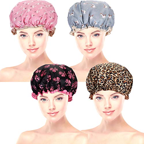 Blulu 4 Pieces Waterproof Shower Cap Bathing Cap Double Layered Shower Hat for Women Favors (Color Set 2)