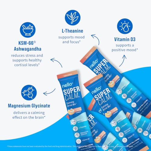 Image of Nello Supercalm Powdered Drink Mix, Cortisol Reducer and Sleep Aid Supplement, L Theanine, Ksm-66 Ashwagandha, Magnesium Glycinate, Vitamin D 3, No Sugar, Non GMO, On The Go, 20 Ct, Peaches and Cream