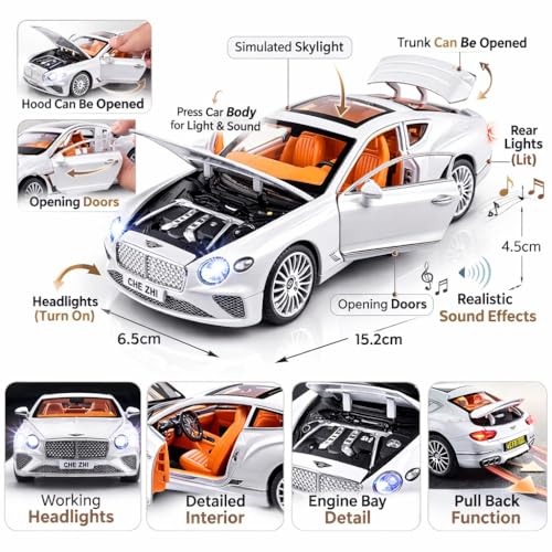 Image of 1:32 Scale Bentley Continental GT Toy Car - Die-Cast Metal Pull Back Sports Car with Openable Doors, Lights & Music - Alloy Luxury Model Vehicle for Kids, Boys & Collectors【Color As Per Stock】