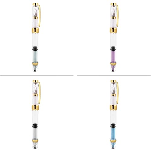 Miniatura 9 de Walfront Pluma estilográfica de relleno de pistón, punta fina dorada, transparente, colores surtidos, juego de 4, plumas estilográficas de acero