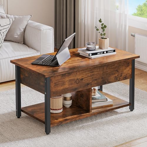 YITAHOME Couchtisch mit Anhebbarer Platte, Leicht Anzuheben, 2-Stufiger Stauraum, Höhenverstellbarer Couchtisch mit Verstecktem Staufach und Ablagefläche für Wohnzimmer, Büro, Vintage-Braun – Bild 7