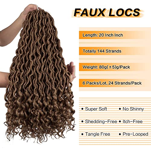 PEACOCO 6Pcs/Lot Goddess Locs Crochet Hair Wavy Curly Faux Locs Crochet Braids Synthetic Hair Extensions 20 Inch Dreadlocks Crochet Locs with Curly Ends (27#)