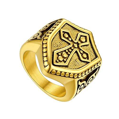 Bague croix templier homme U7, chevalière plaqué or d'exception