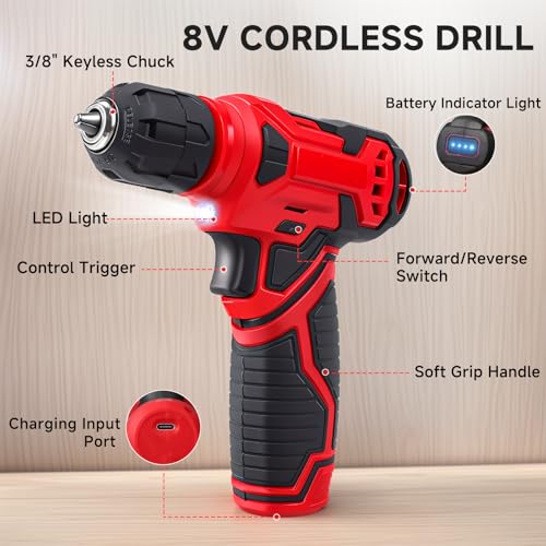 Tool Set - 8V Cordless Drill Kit, 132 Piece Box With Hand Drill, Home Kits for Men & Women, Perfect for Homeowner, Diyer, Handyman