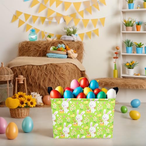 Image of Large Empty Easter Basket for Kid Fabric Personalized Bunny Eggs Easter Gift Basket for Boy and Girl (Rabbit Chicken Green Bottom)
