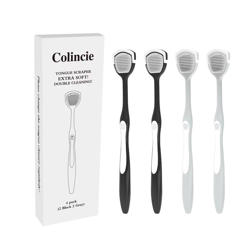 Limpiador de lengua, cepillo de lengua, raspador de lengua para higiene bucal, lengua limpia, reduce el mal aliento y hace que nuestro aliento sea más fresco, negro, gris, paquete de 4