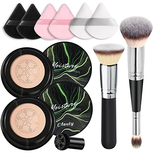 10pcs Makeup Set,2pcs Air Cushion CC Cream Mushroom Head Foundation,6pcs Powder Puff, Foundation & Concealer Brush In One, and Kabuki Foundation Brush (#02 Natural)
