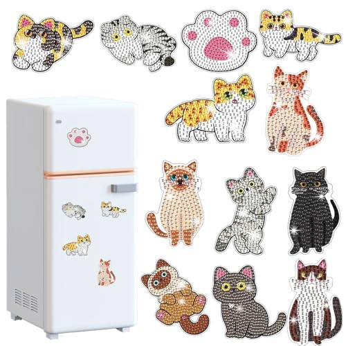 Lemitung 12 Pcs Cat Diamond Painting Magnets, DIY Adorable Fridge