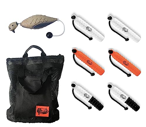 HuntEmUp Dog Training Kit - Mourning Dove Training Dummy, (6 Pack) Tri Color Plastic Bumpers, and Mesh Carrying Bag